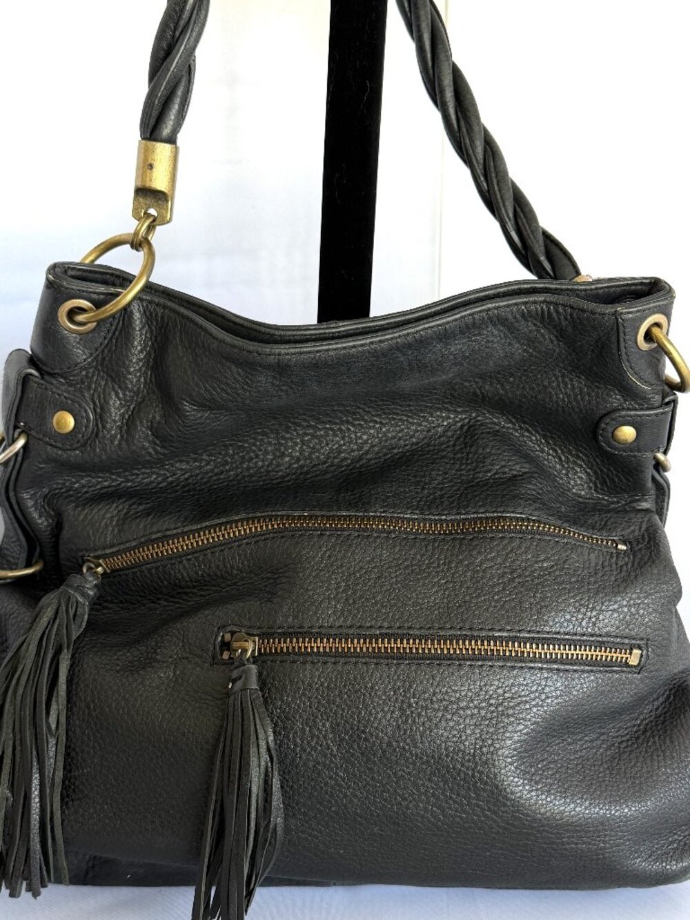 Alfani Black Genuine Leather Hobo Shoulder Bag Braided Strap Tassel Boho Medium